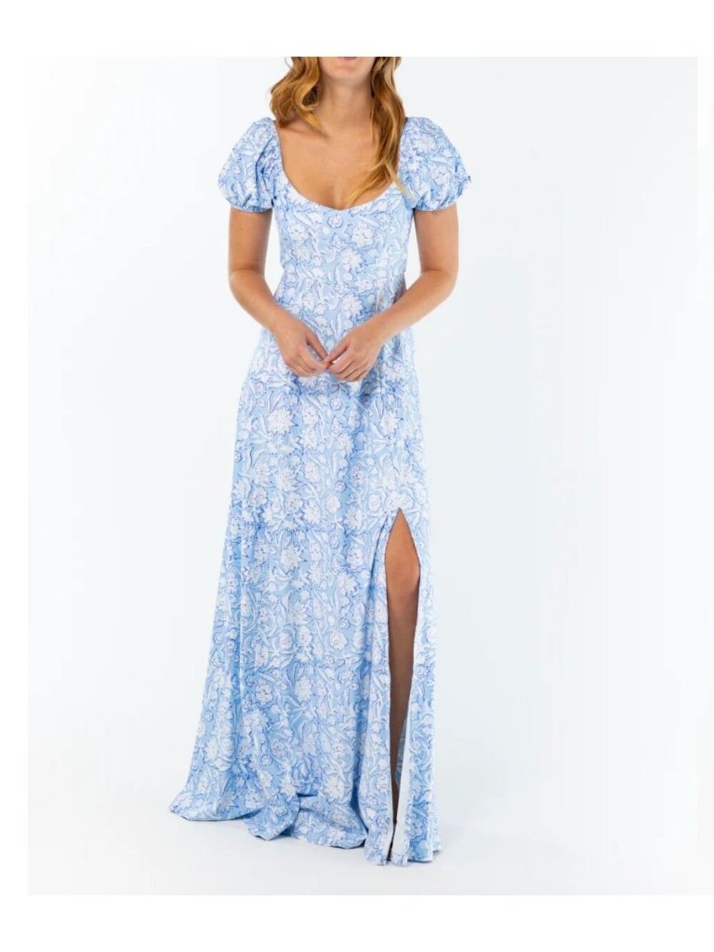 Light Blue Floral Maxi Dress with Puff Sleeves